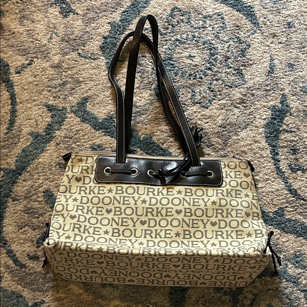 Dooney & Bourke Beige Logo Tote with Dark Brown Trim and Straps